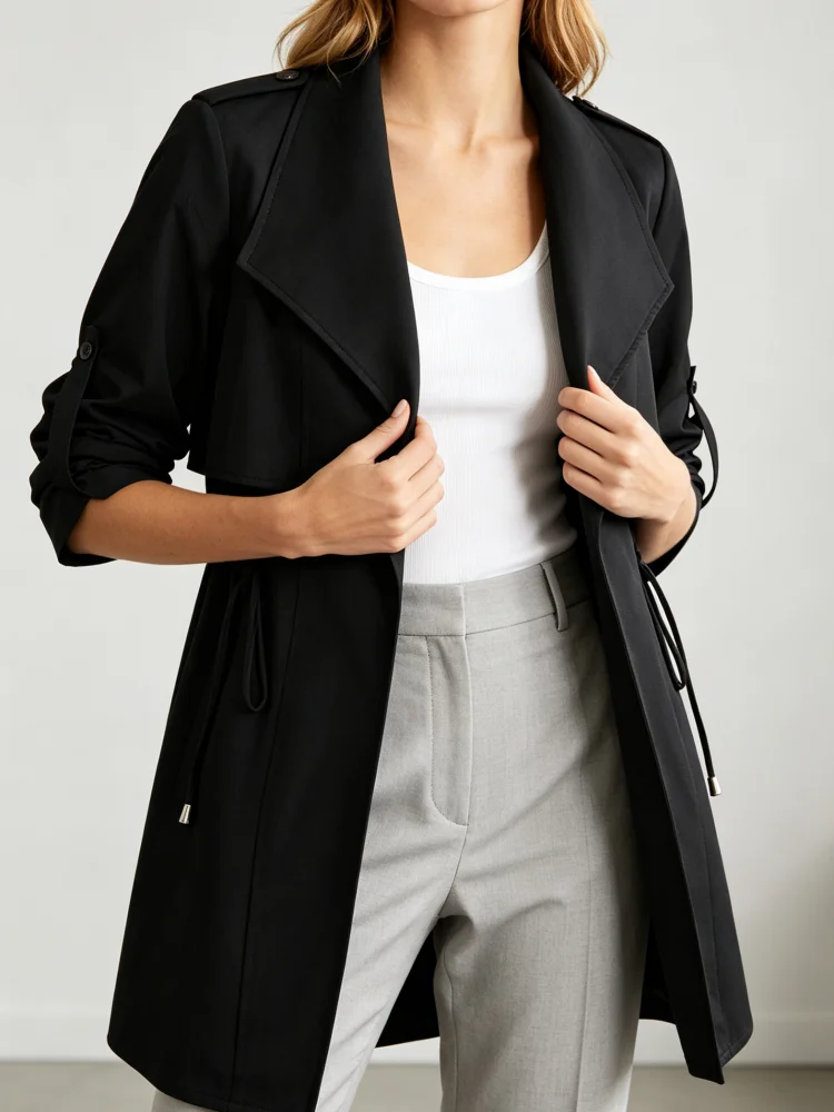 Trench Coat Women Mid-length Double Breasted Long Sleeve Jacket Epaulet Cuff Strap Solid Windbreaker Commuter Daily Outerwear