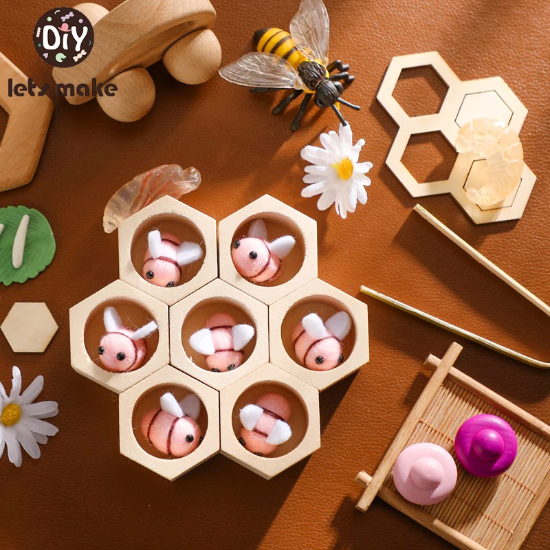 Juguete Montessori de madera para bebé, colmena de abeja de fieltro, clasificación de colores para bebé, juguete sensorial de madera, juegos de cuentas con Clip, regalo educativo temprano para niños