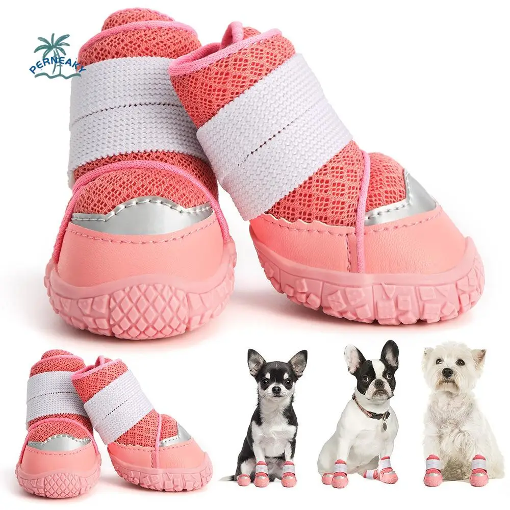 4pcs/set Durable Breathable Dog Boots Anti-Slip Wear-resistant Dog Shoes Waterproof Soft Puppy Mesh Shoes Running