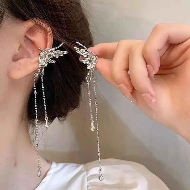 Angel Wings Liquid Metal Butterfly Tassel Ear Cuff Non Piercing Earrings 2023 Trendy Punk Design Female Long Ear Clip Jewelry