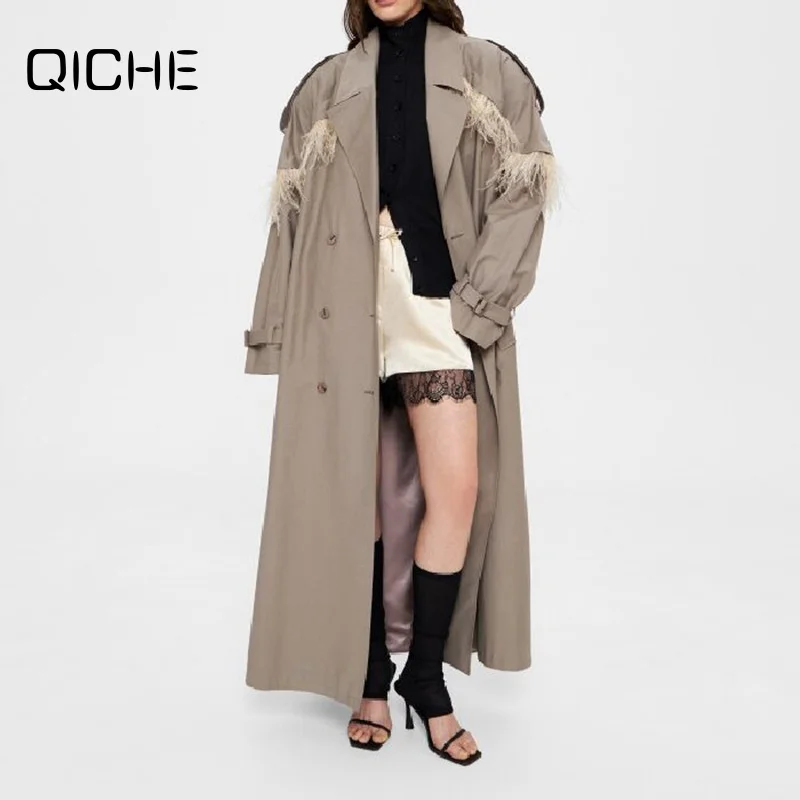 QICHE Ins‑Style Women Niche Street‑Style Feather‑Tassel Spliced Double‑Breasted Waist‑Cinch Long Trench Coat