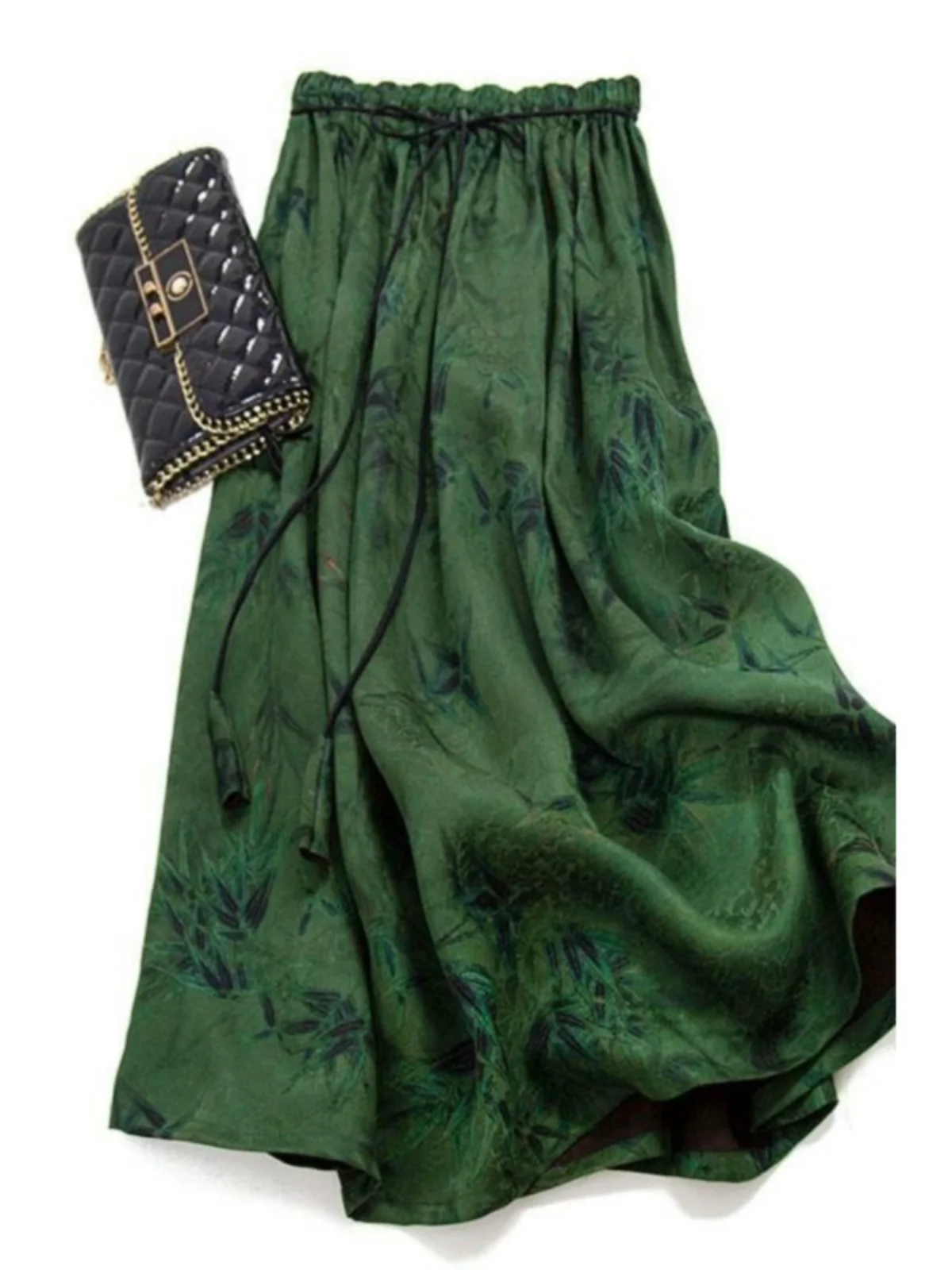 新中華風ハイウエストルーズフィットミディスカート レディース 夏 ヴィンテージグリーンAラインスカート フリル付き レトロゴムウエスト