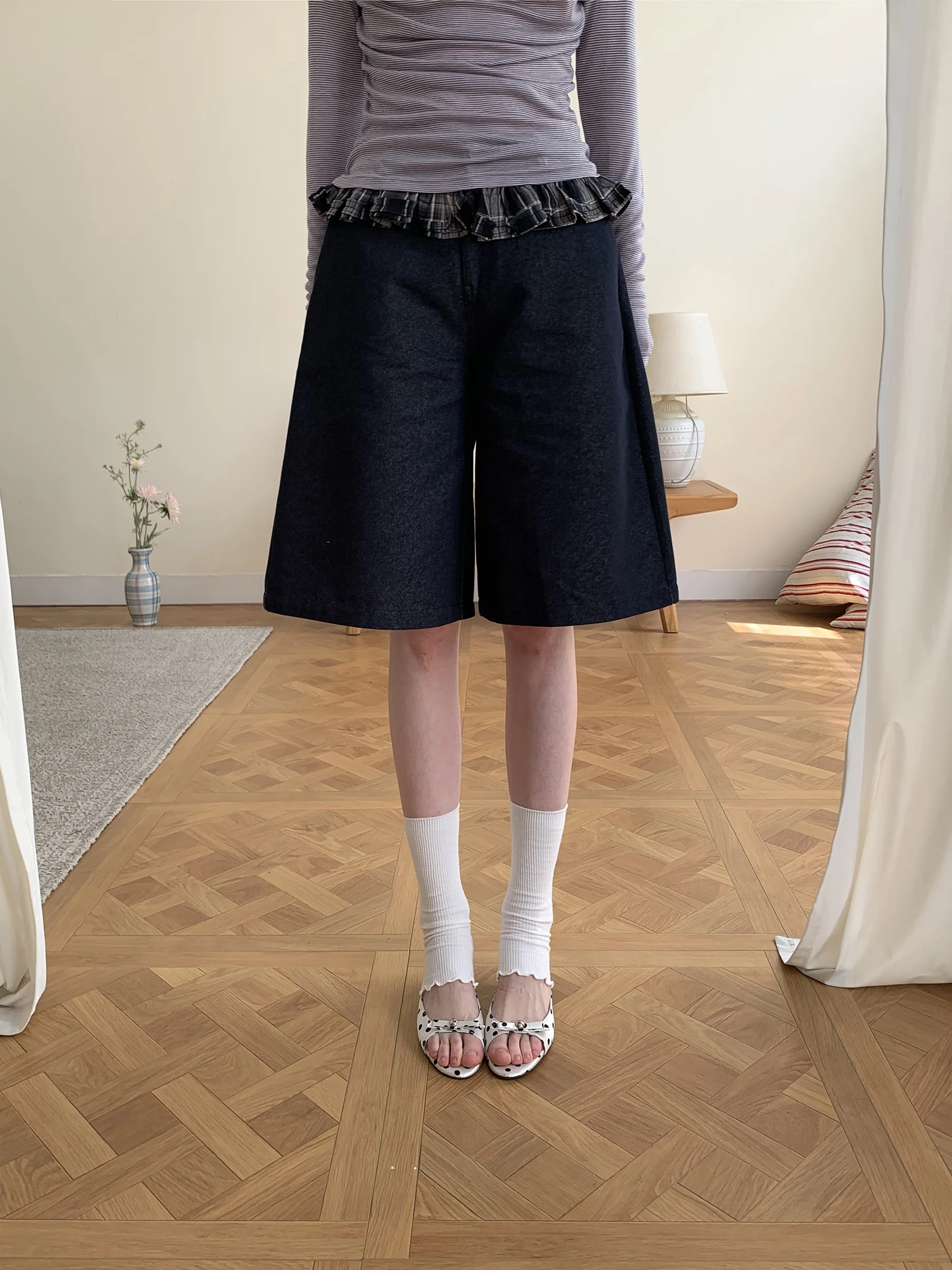 

JDE High Waist Wide Leg Straight Jeans Women's Spring Summer New Plaid Splicing Slimming Mid-Calf Denim Pants