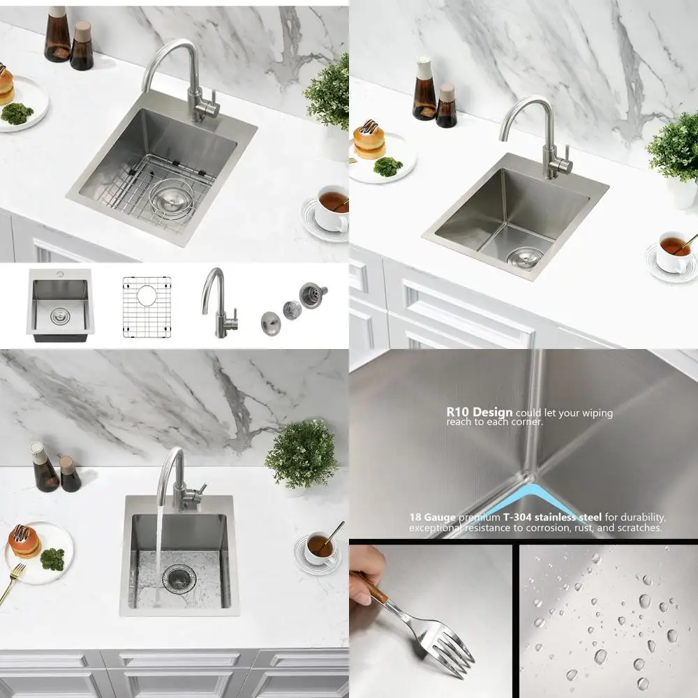 

Stainless Steel 304 Single Bowl Bar Sink for Kitchen, RV, Outdoor - 13x15 Inch Drop-in Handmade Small Wet Bar Sink