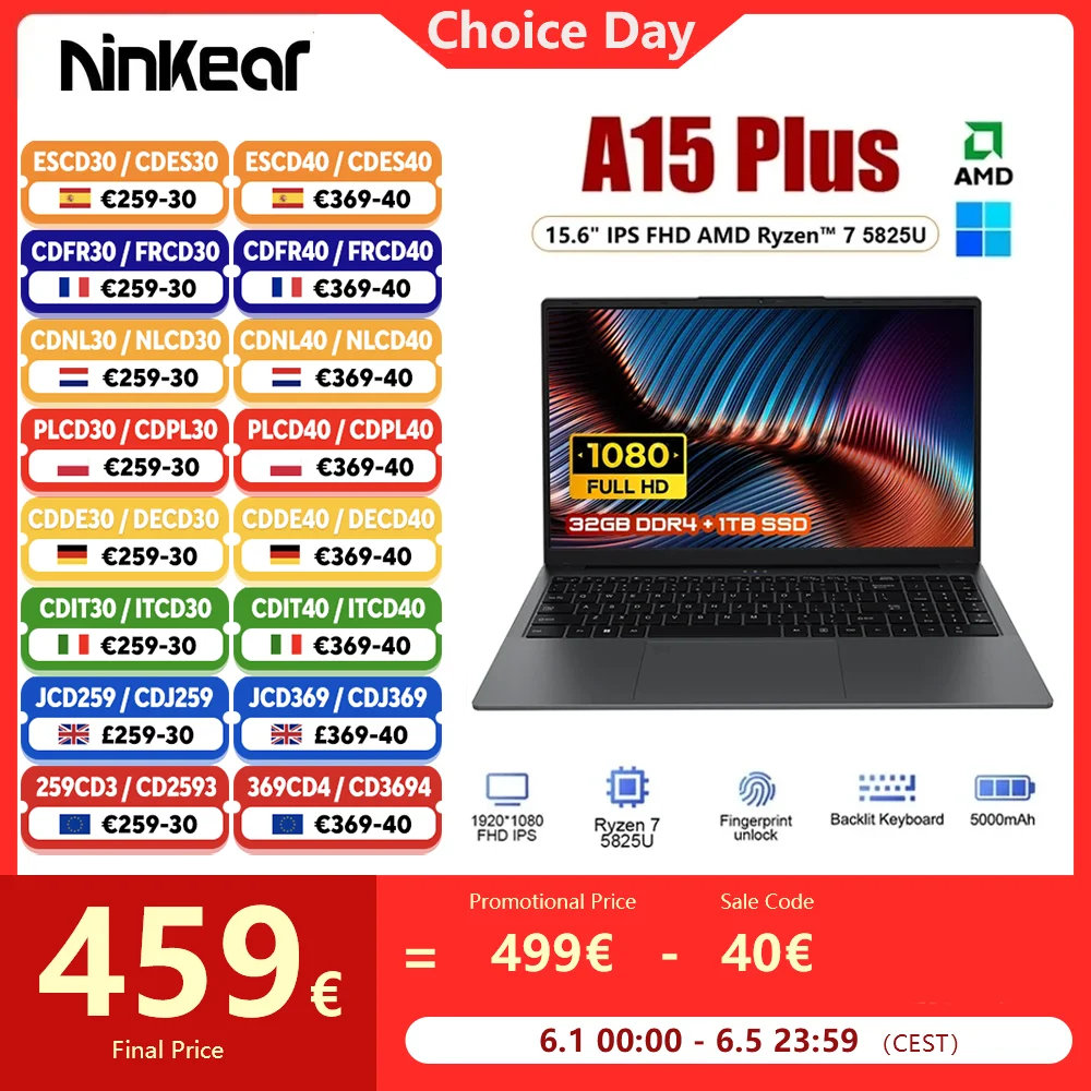 Ninkear A15 Plus Laptop 15,6" IPS FHD AMD Ryzen ™   7 5825U Notebook 32G DDR4 1 TB SSD 57WH Windows