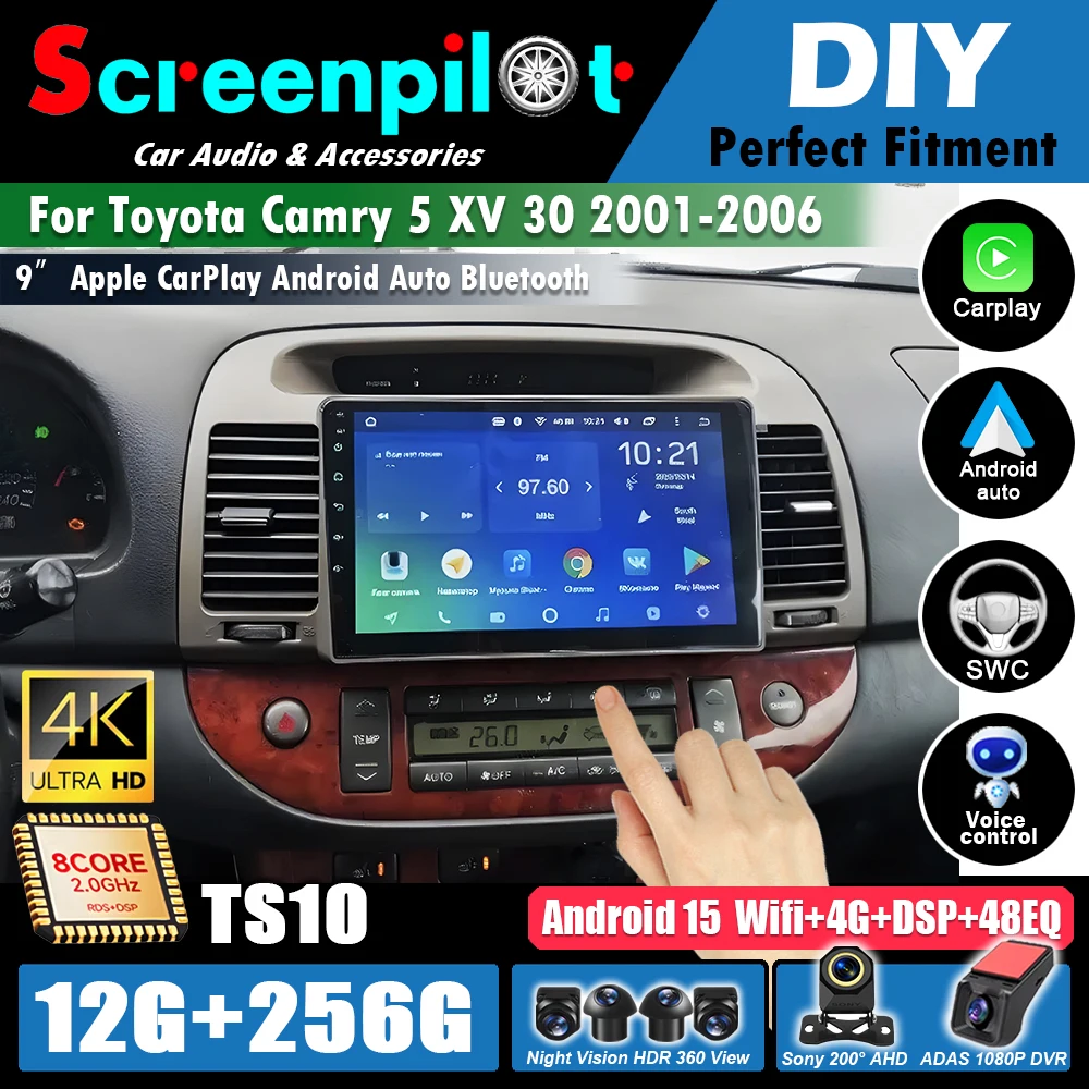 Radio Multimedia para Auto con Android 16Audio Stereo para Toyota Camry 5 XV 30 2001 2002 2003 2004 2005 2006, Reproductor de Video, Voz y CarPlay