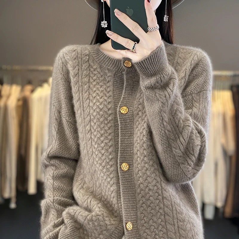 Autumn and winter 100% pure wool cardigan ladies O-neck heavy industry thickened twist solid color knitted cashmere sweater coat