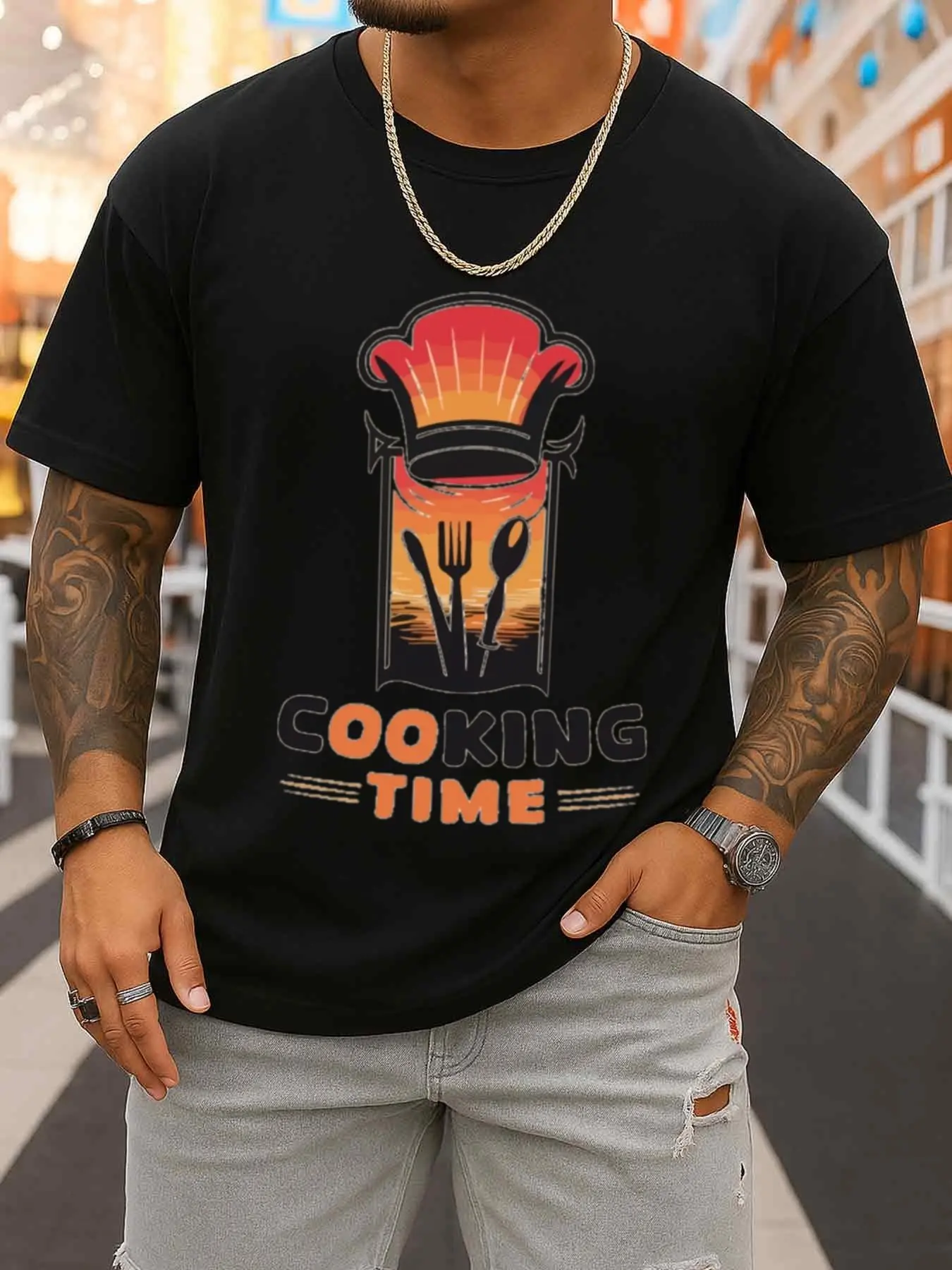 Chef's Delight Cooking Time T-Shirt Men's Black Crew Neck T-Shirt, Soft and Comfortable, Perfect for Casual Summer Wear, Suitable for All Seasons, Regular Fit, Short Sleeves, Casual Style, Ideal for Gifting