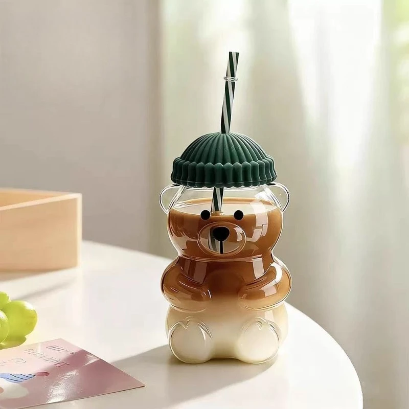 

500ML Creative Cartoon Teddy Bear with Straw Juice Water Bottle Household Milk Coffee Cups Christmas Hat Glass Cup