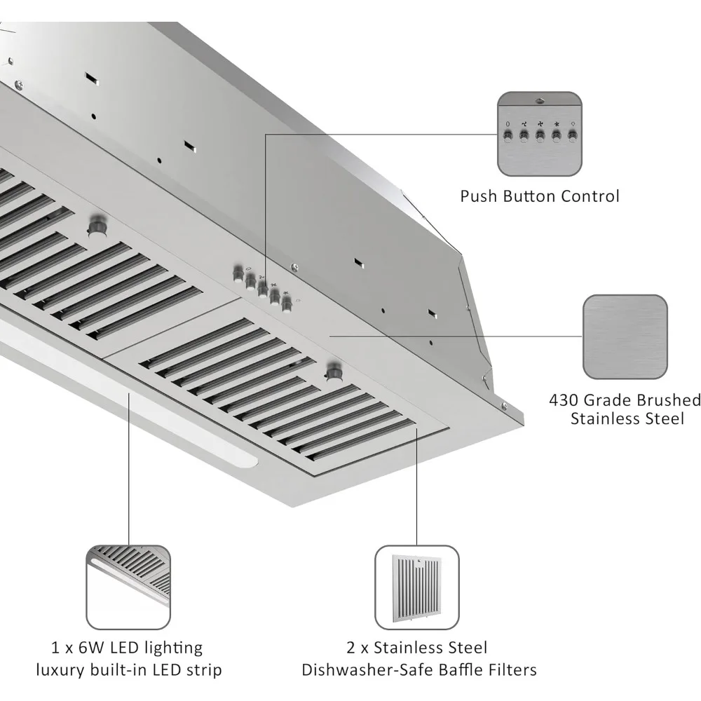 Hotte de cuisine encastrable sans conduit avec lumières LED, hotte de cuisine convertible, évent intégré, 600 CFM, 30 po