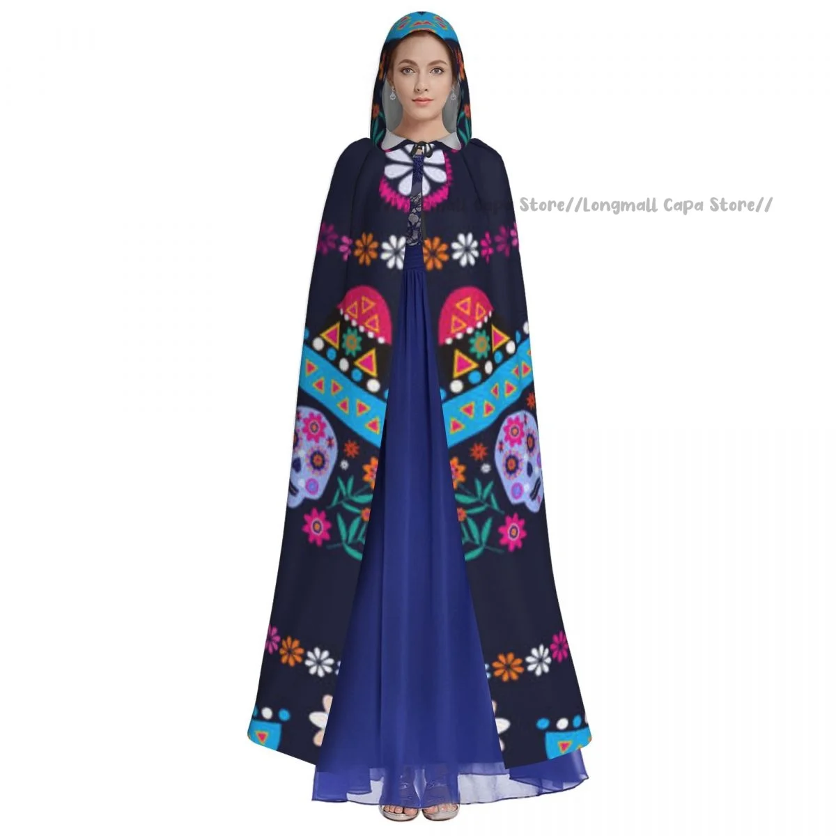 Adult Halloween Mexican Sugar Skulls And Flowers Cloak Cape Hooded Medieval Costume Full Length Dress Coat