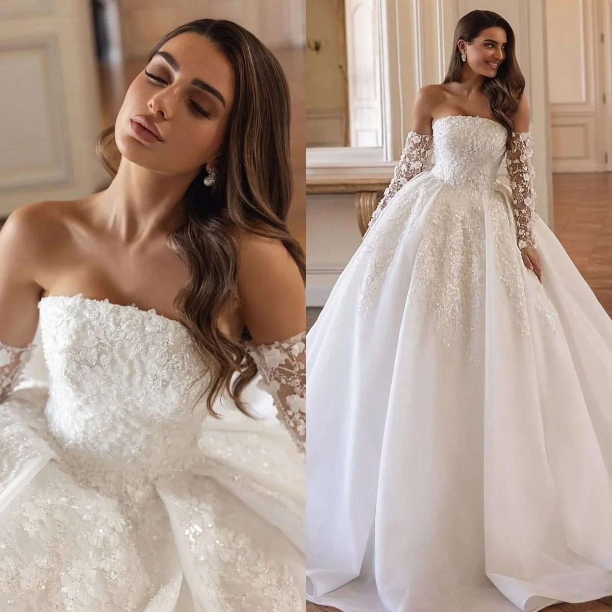 カスタムメイドの高級感あふれる、上品なストラップレスウェディングドレス。アップリケ、シフォン、パールをあしらったフォーマルなブライダルパーティードレス、豪華なブライダルガウン。