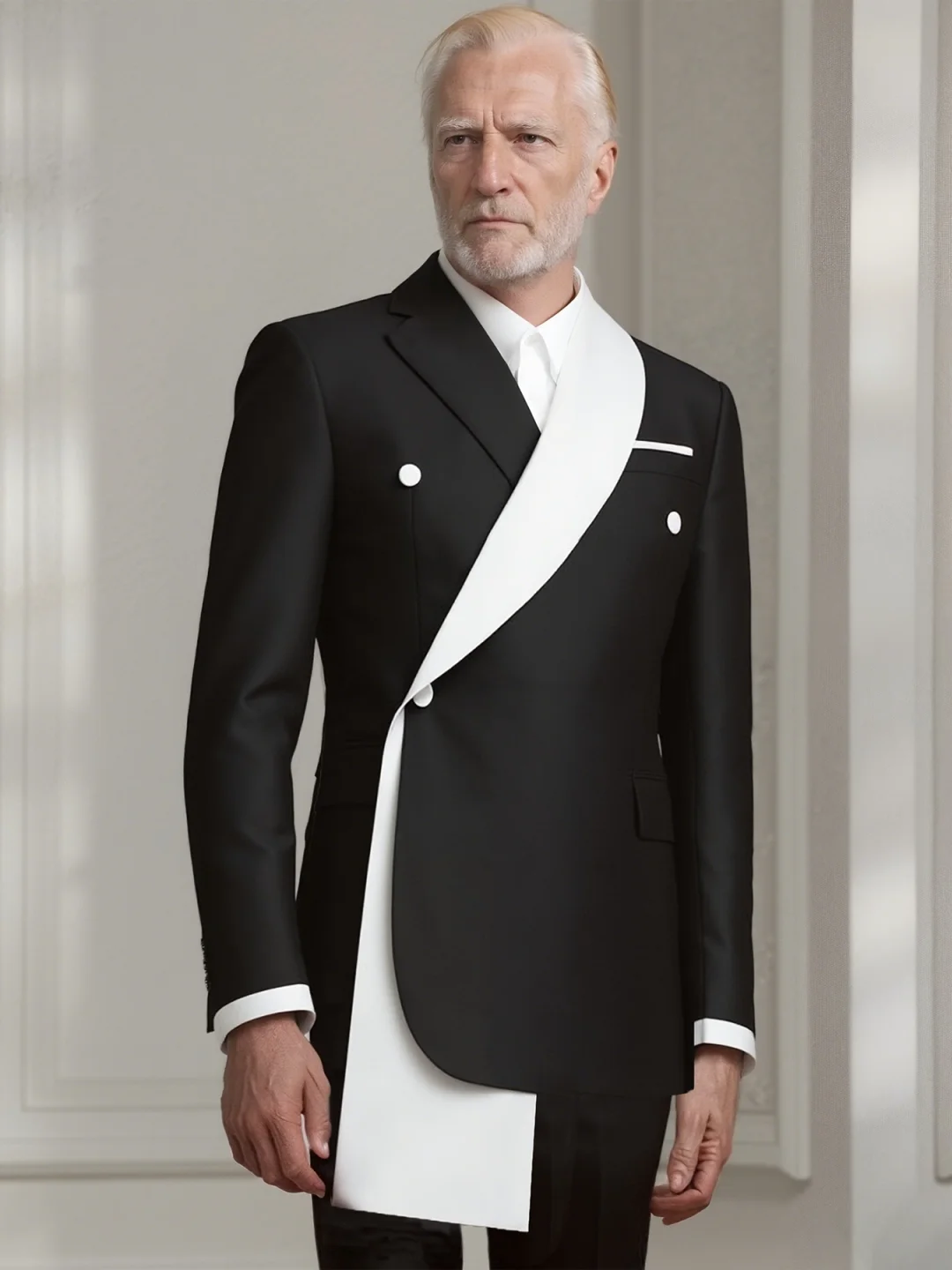 

Hot Selling Men's Irregular Collar Black and White Spliced One Button Suit Jacket New Men's Single Piece Coat