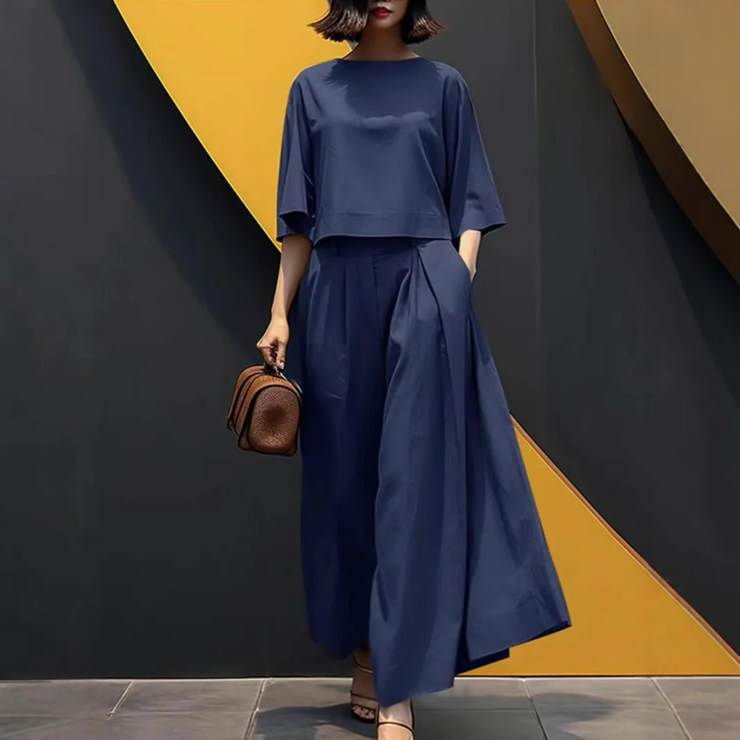 2025 여름 여성용 패션 솔리드 컬러 반팔 상의와 러플 와이드 팬츠 슈트 루즈핏 상의와 바지 슈트