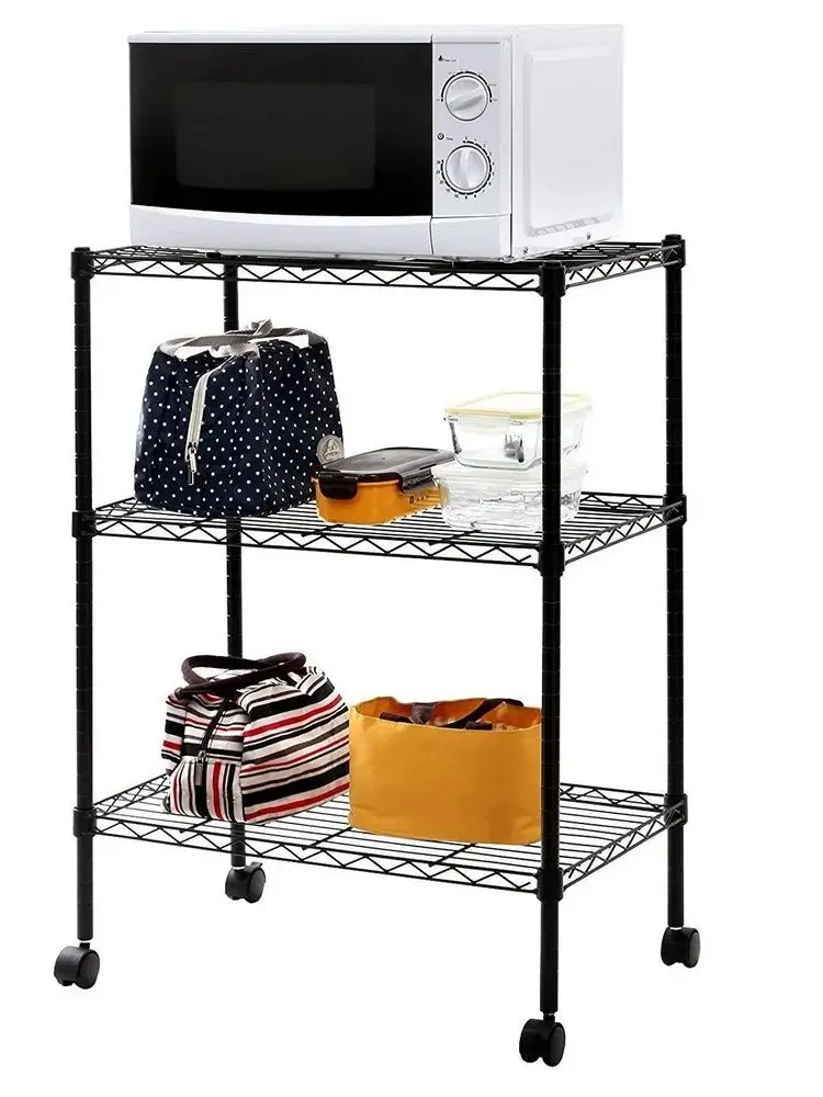 

3-Layer Plastic Coated Iron Shelf With 1.5" Plastic Wheels 350*600*850 Black Kitchen Furniture