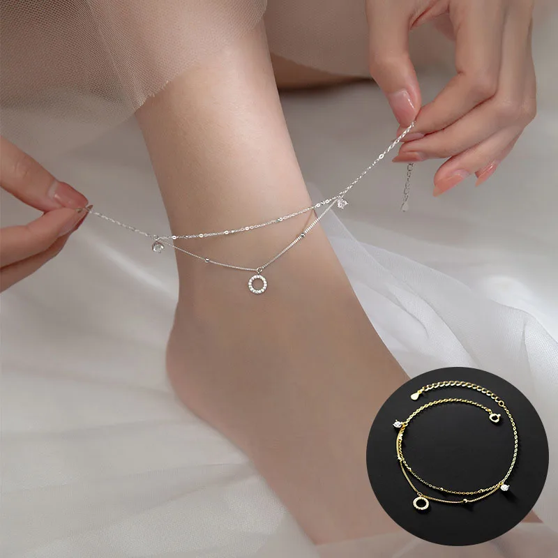 

100% 925 Sterling Silver Zircon Geometric Anklet for Women Girl Double Layered Fine Chain Design Jewelry Party Gift Dropshipping