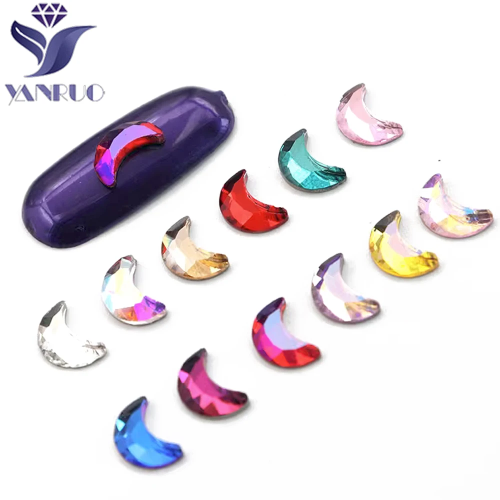 YanRuo 20pcs 3X6mm Moon Shaped Multicolor Glass Jewelry Flat Bottom Rhinestones DIY Craft Accessories Beads Nail Art Decorations