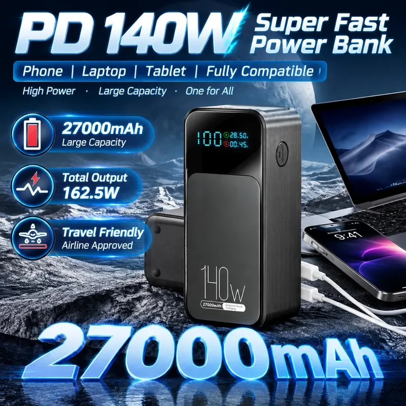 PD 140W Power Bank 27000mAh Fast Charging Large Capacity Digital Display Portable Charger for Notebook Mobile Phone