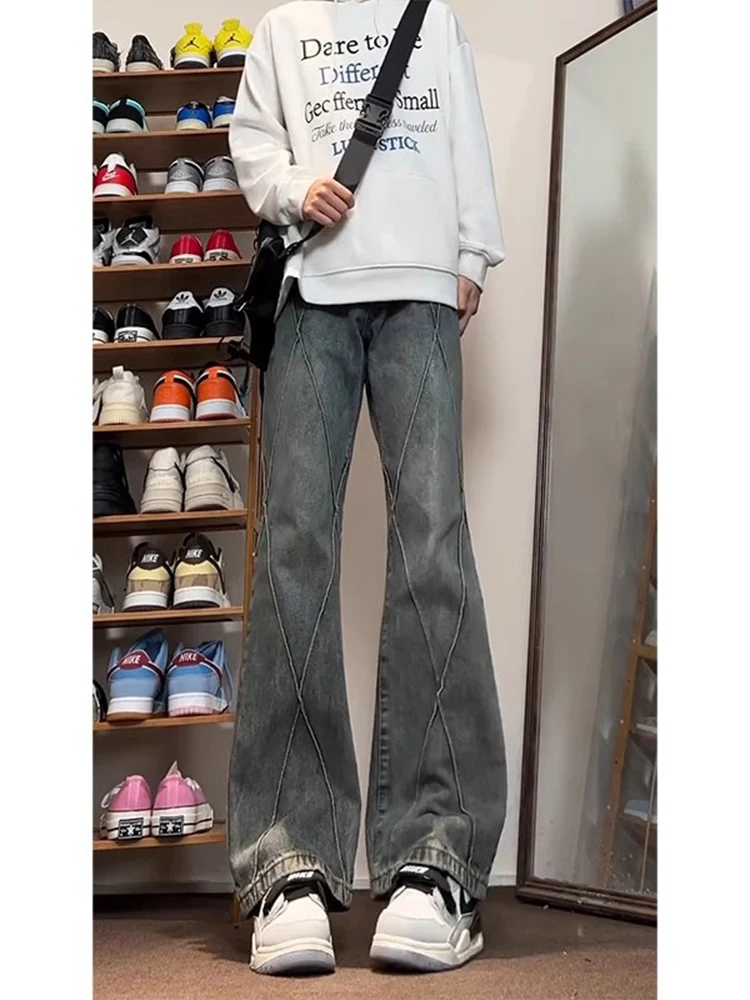 

Retro Blue Patchwork Split Straight Leg Men's Jeans American Vibe High Street Tall Micro Flare Pants Youth Faion Jeans