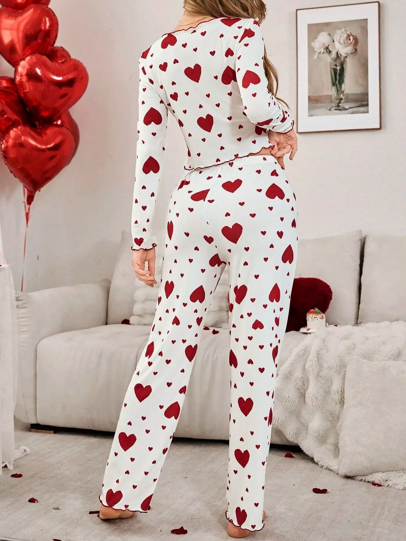 Women Autumn Winter Sleepwear Heart Print Long Sleeve Tops with Long Pants Trouser 2 Pieces Pajamas Sets Loungewear
