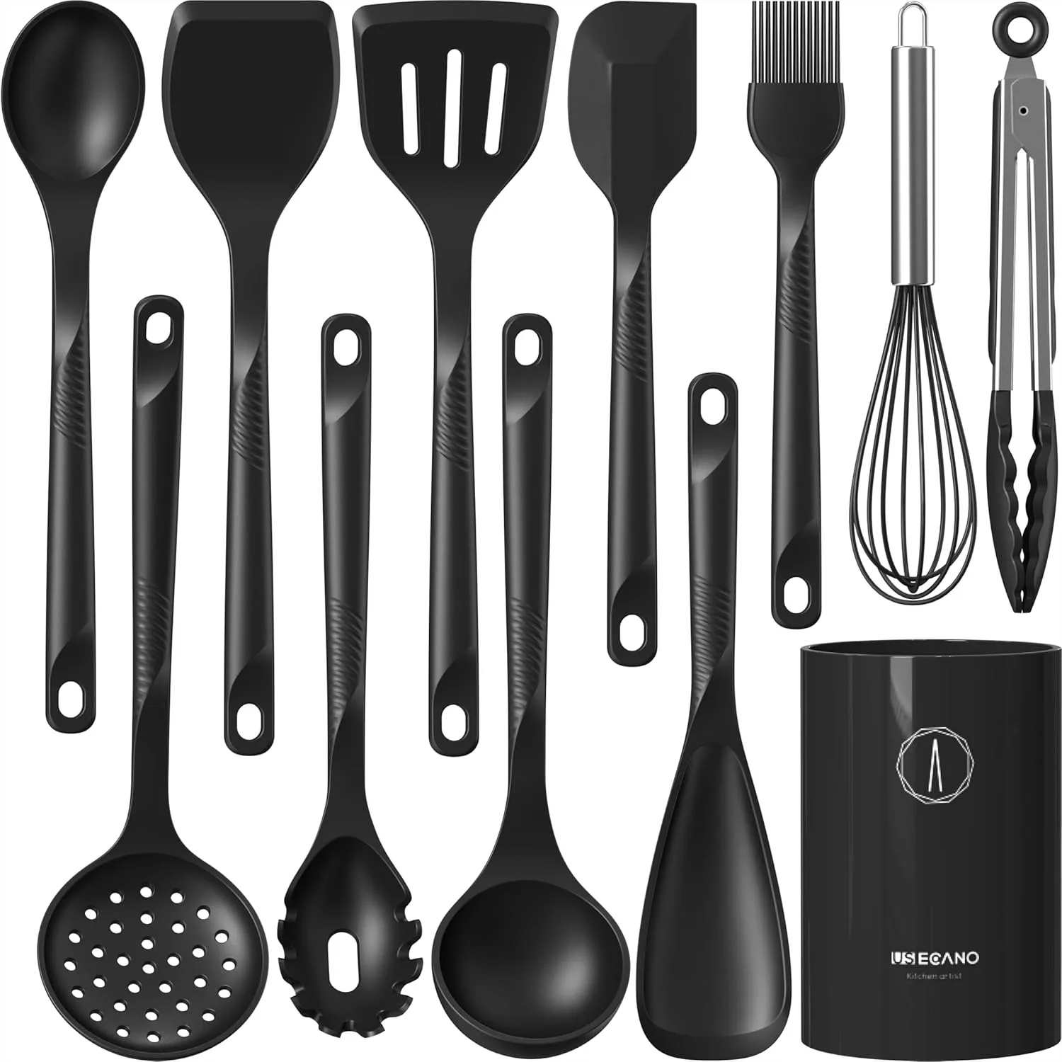 

Silicone Cooking Utensils Set, 600°F Heat Resistant Kitchen Utensils with Stainless Steel Core, Dishwasher Safe, Black