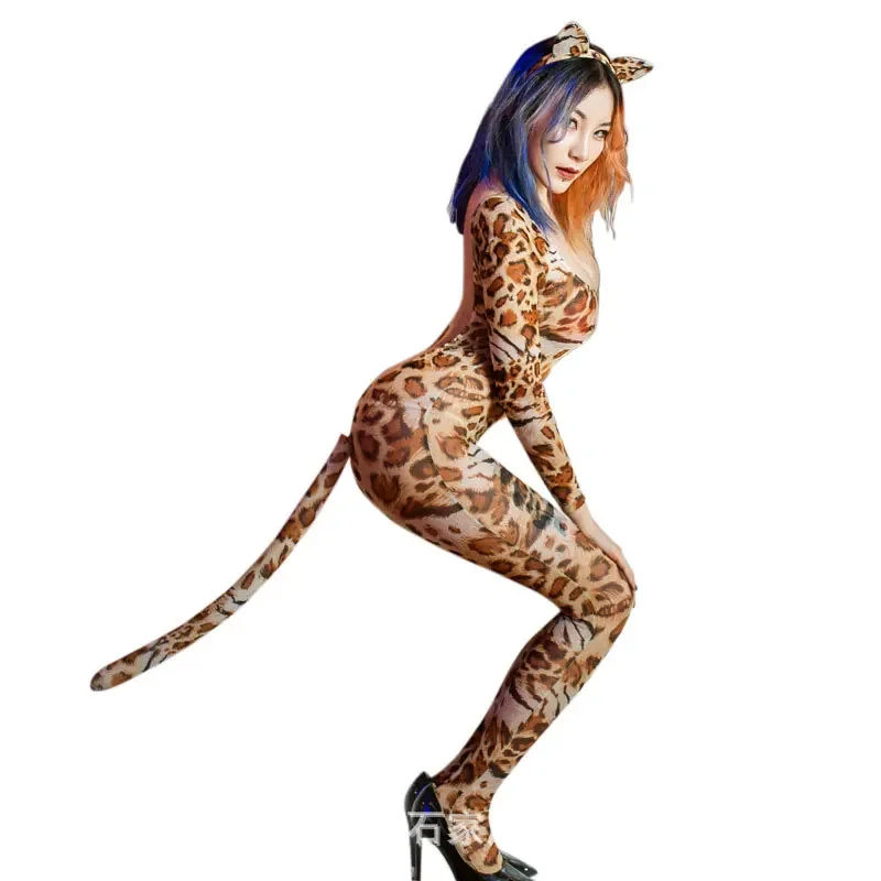 Cosplay Donne sexy Leopardo con apertura sul cavallo Body Blackless See Through Tuta Calze per il corpo Tuta intera con orecchio a coda F35