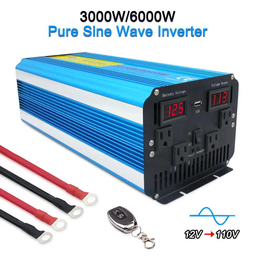 Inversor de onda sinusoidal pura de 12V, 3000W, 110V, pico de 6000W, convertidor doméstico, UPS, inversor inteligente, enchufe estadounidense para bomba, nevera de coche