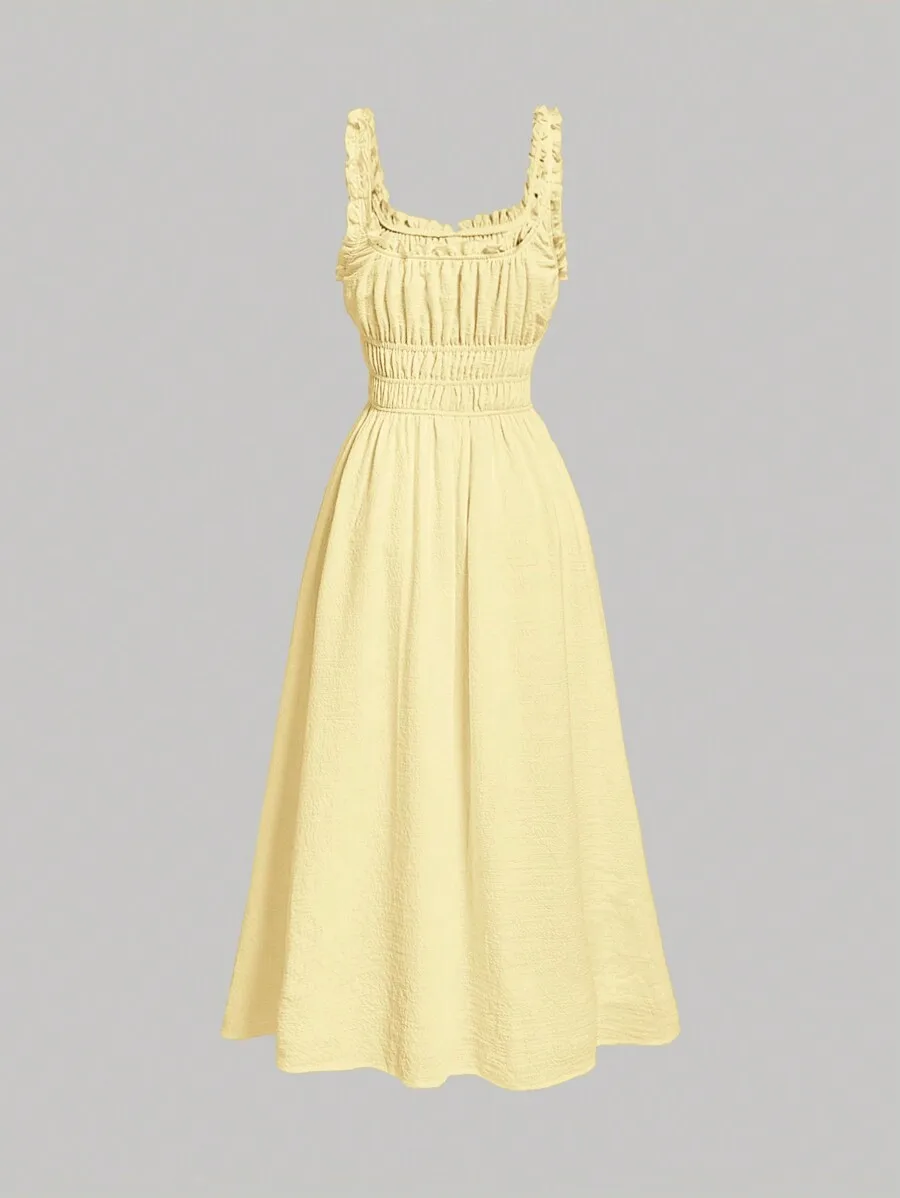 

Women Solid Color Pleated Summer Dress Pastel Yellow Daily Wear Wedding Guest Dress