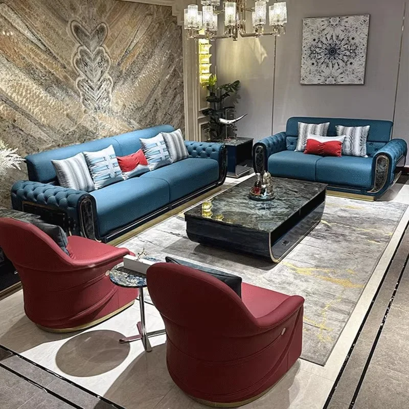 Italian light luxury leather sofa large apartment villa luxury living room buckle leather sofa