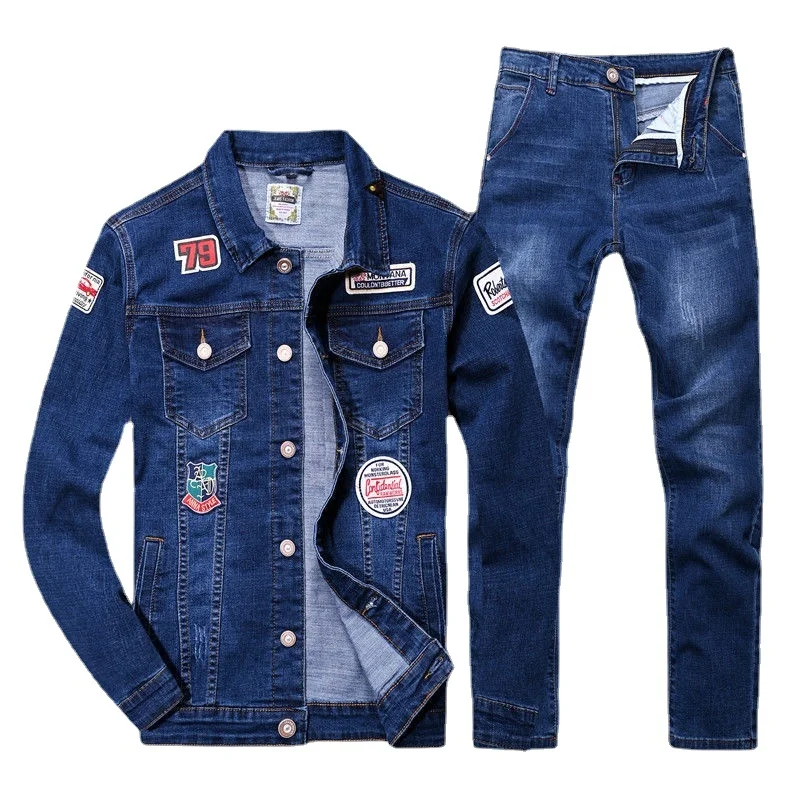 

Spring 2023 and Autumn Color Contrast Denim Suit Men's Trend Korean Edition Slim Fit Casual Handsome Embroidered Jacket Pants