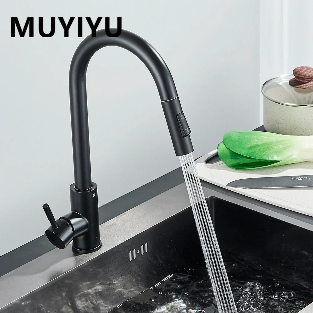 

MUYIYU Kitchen Faucet Pull Out Mixer Black Two Function Single Handle Hot Cold Water Taps Deck Mounted With G1/2 Water Pipes