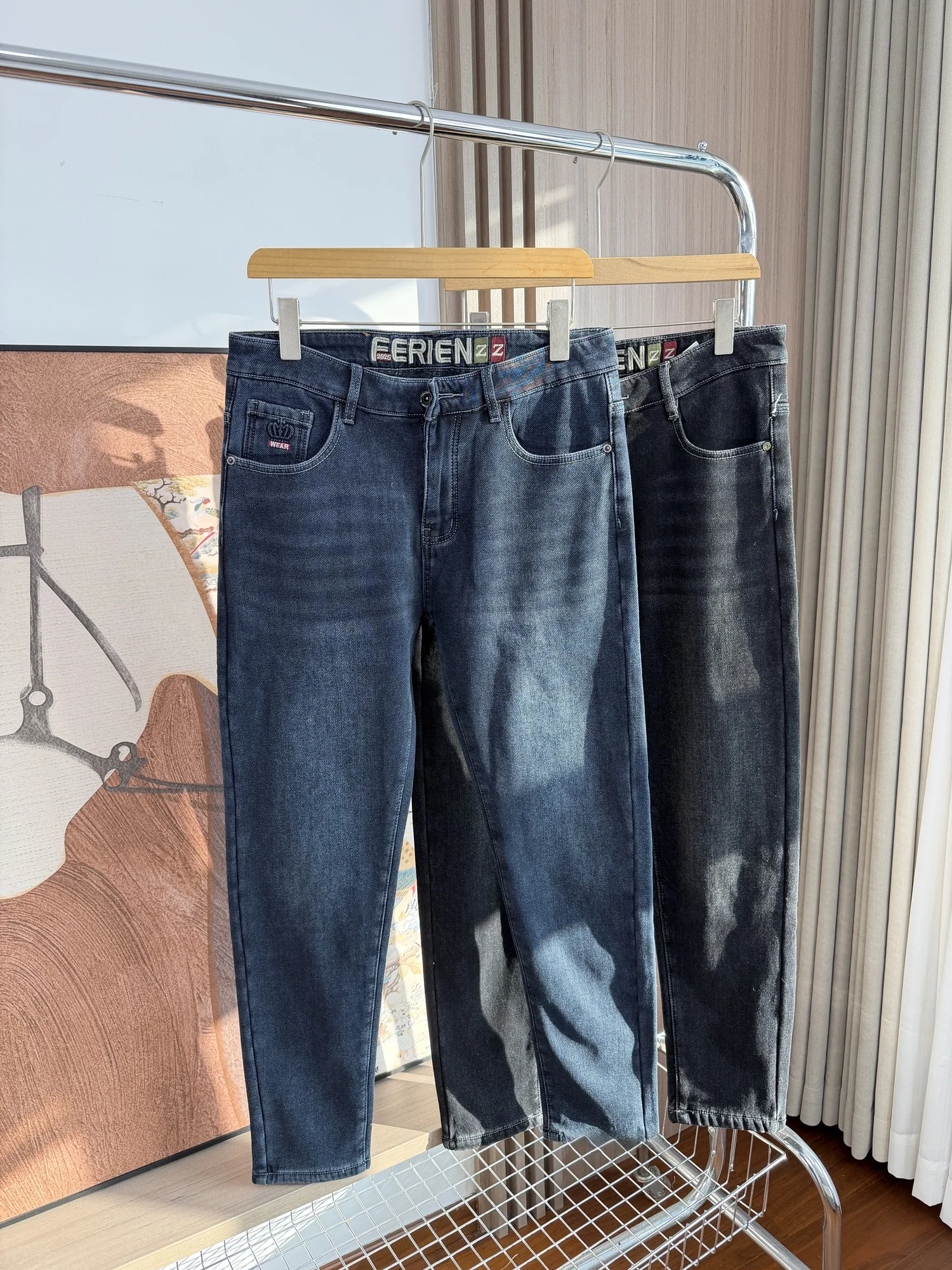 

Мужские зимние утепленные джинсы прямого кроя с эластичной талией, повседневные, модные, однотонные, для ежедневной носки