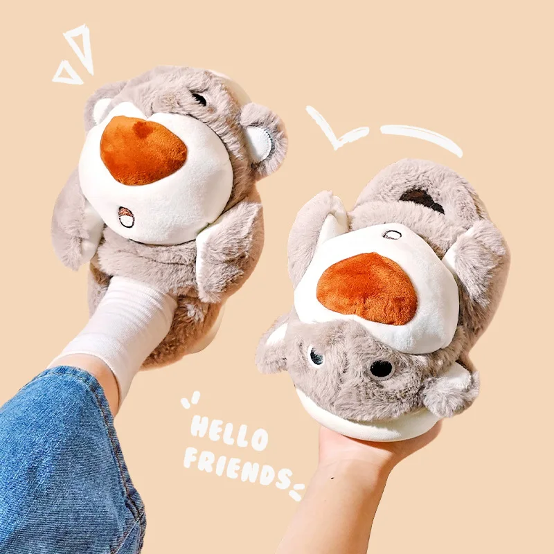 Squirrel Women Cotton Slippers Winter Warm Shoes Lining Plush Indoor Couple Slides Platform High Top Snow Boot Kids Home Slipper