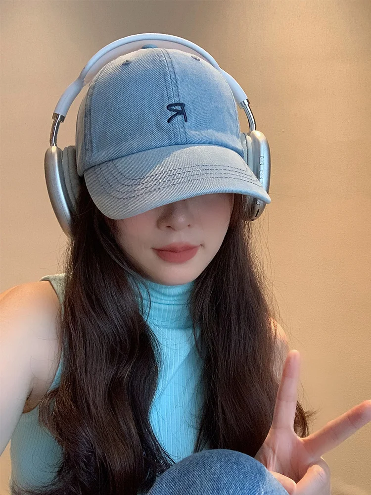 Denim Baseball Cap Women's Letter R Wide Brim Anti-Aging Face Slimming Korean Style Large Head Circumference Duckbill Cap