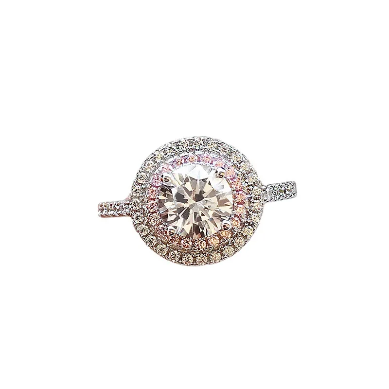 S925 Silver Pink Diamond Ring Colorful Diamond Fashion Personalized Micro Set Diamond Ring Popular Jewelry Princess Women's Styl