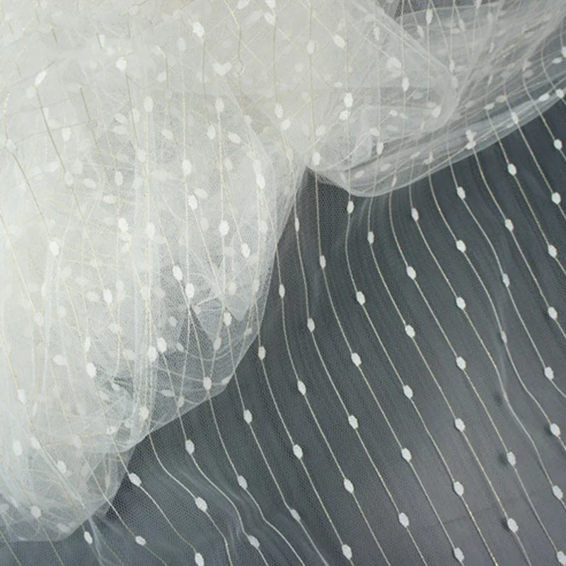 1yard Encrypted Tulle Fabric Golden Thread Dots Jacquard Pattern Net Fabric for DIY Wedding Dress Clothing Sewing Textile Cloth