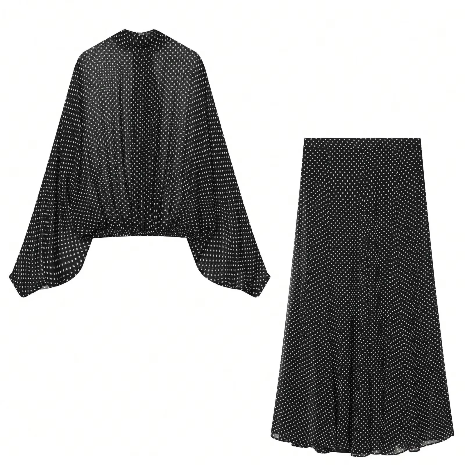 HH Damen Eleganter Polka-Dot-Print Rockanzug Langarm-Oberteil mit Schleife und Schnürung Schicker Plissierter Langer Rock 2026 Mode Streetwear – Detail 3