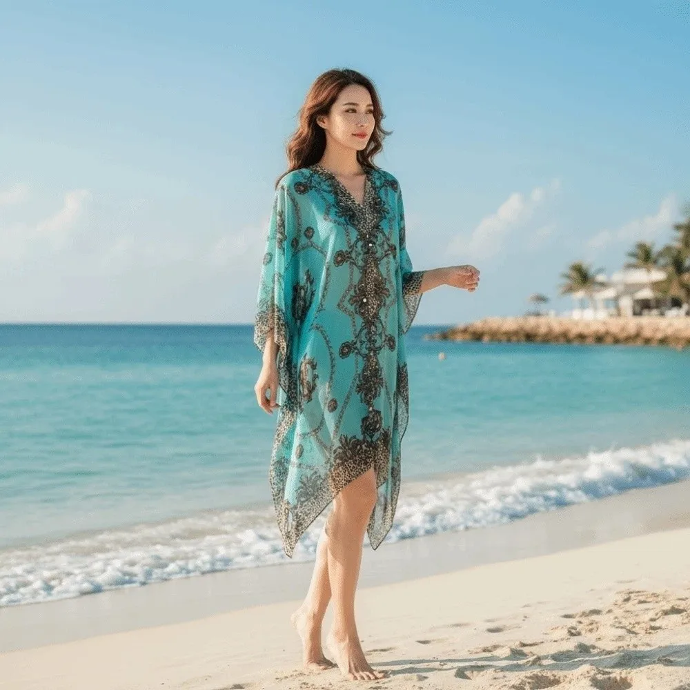 Breathable Big Chain Printed Shawl Long Polyester Sunscreen Thin Large Scarf Lightweight with Buckle Seaside Vacation Cloak