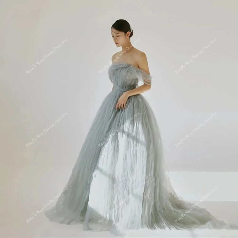 ชุดราตรีแฟนซีทรงเอไลน์สีน้ำเงินสไตล์เจ้าหญิงเกาหลี แบบสั่งตัดได้ สายเดี่ยว ผ้าทูลล์จับจีบ ชุดราตรีงานพรอม ชุดถ่ายภาพงานแต่งงาน ยาวกรอมพื้น