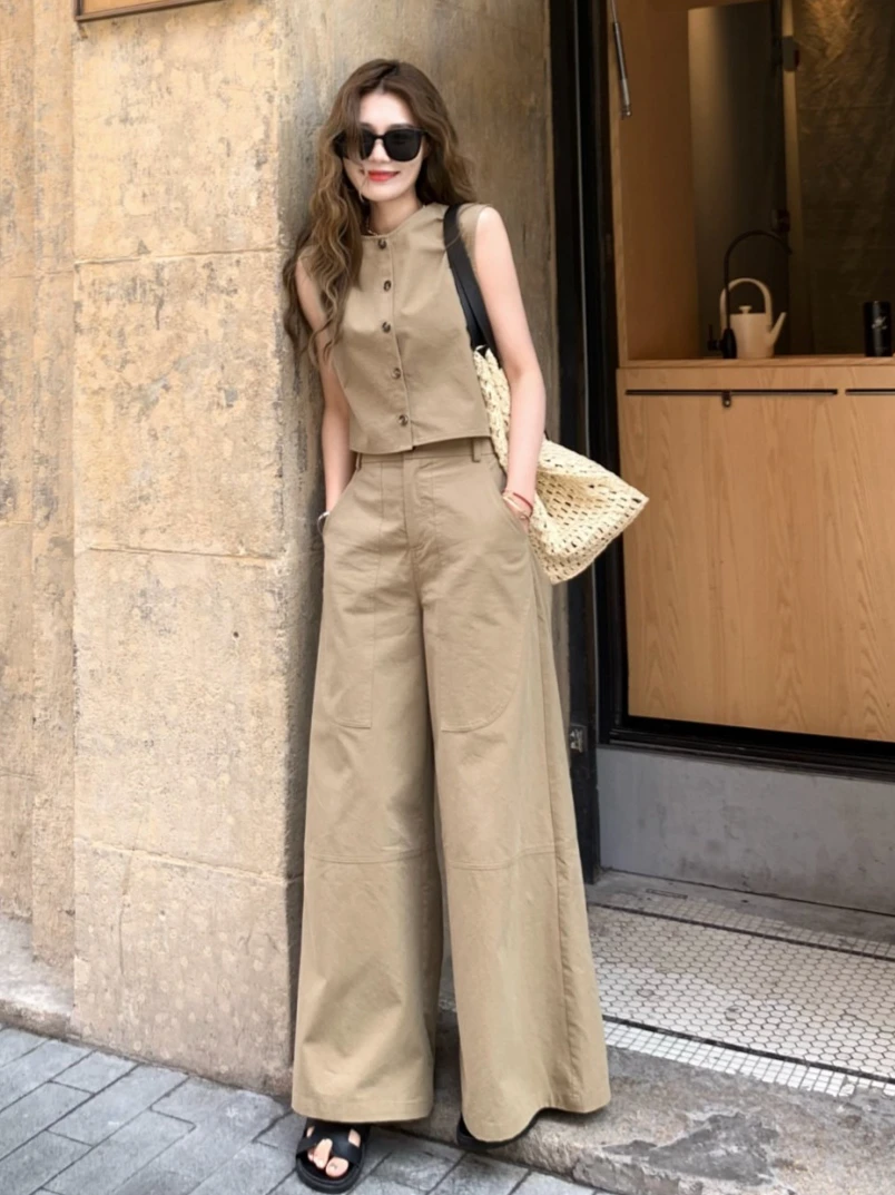 

Vintage Two Wear Vest Tops & Wide Leg Pants 2 Piece Set Fashion Casual Loose Comfortable Outfit for Female Ladies 2026 Summer