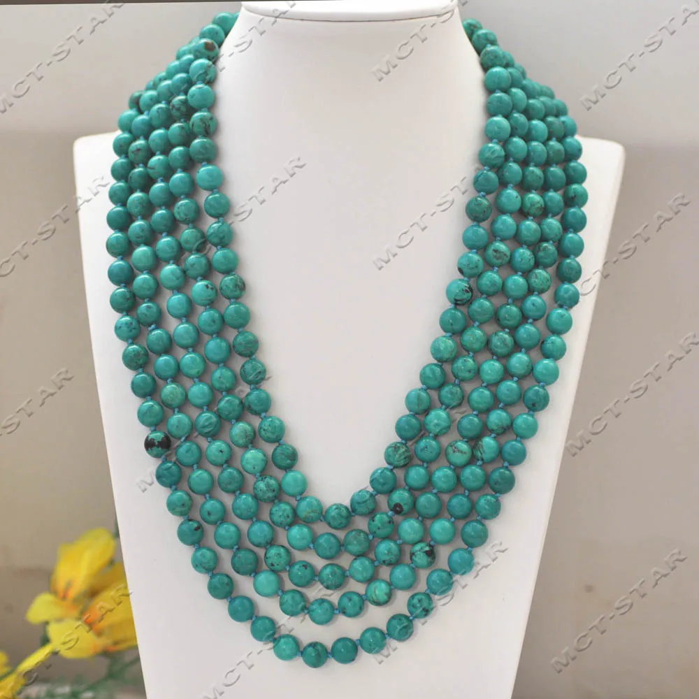 

Z14346 Long 100'' 8mm Green Round Natural Turquoise Necklace