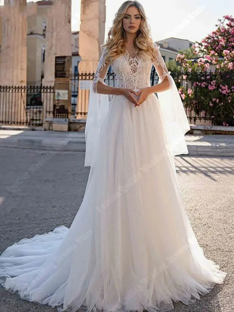 Vestido de casamento feminino com superfície de tule romântico, linha A profunda, Robes nupciais, Comprimento de esfregar, Princess Dress, Simplicidade, 2024