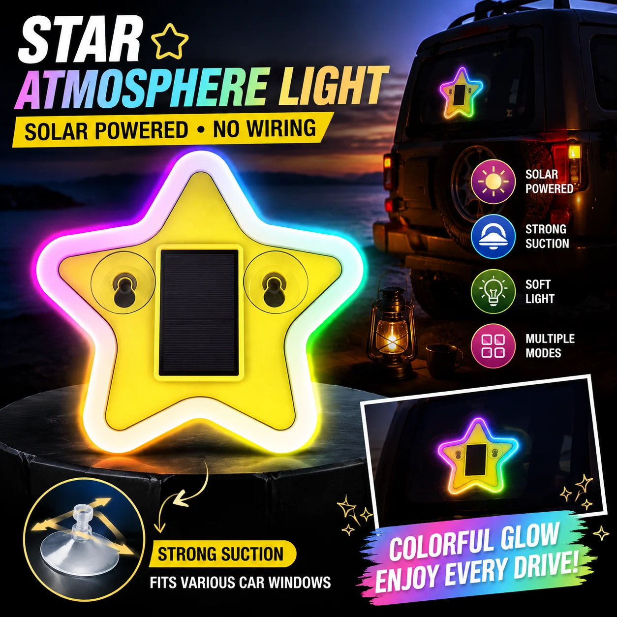 Solar Energy Car Star Atmosphere Lamp Colorful Gradient Glow LED Warning Decor Light Strong Suction Cup Multiple Lighting Modes