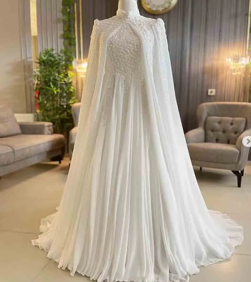 Gorgoeus caftan mariage vestido de casamento 2022 com capa elegante dubai árabe muçulmano igreja casamento vestidos de renda apliques noiva chique