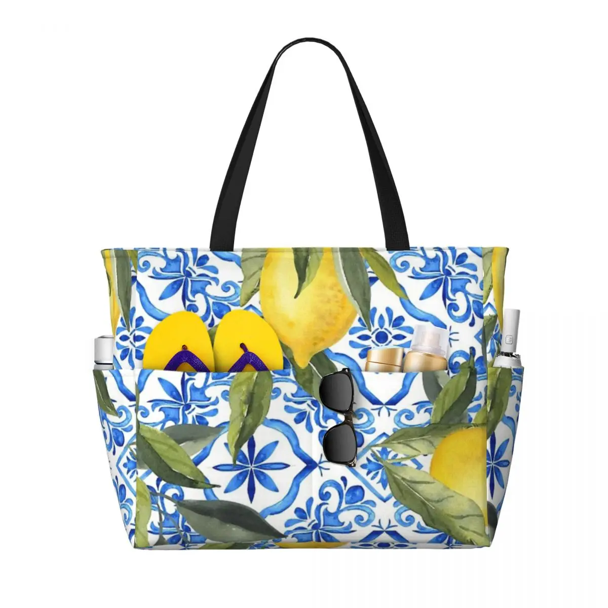 Lemons On Blue Tiles Beach Travel Bag, Tote Bag Modern Adult Daily Birthday Gift Multi-Style Pattern