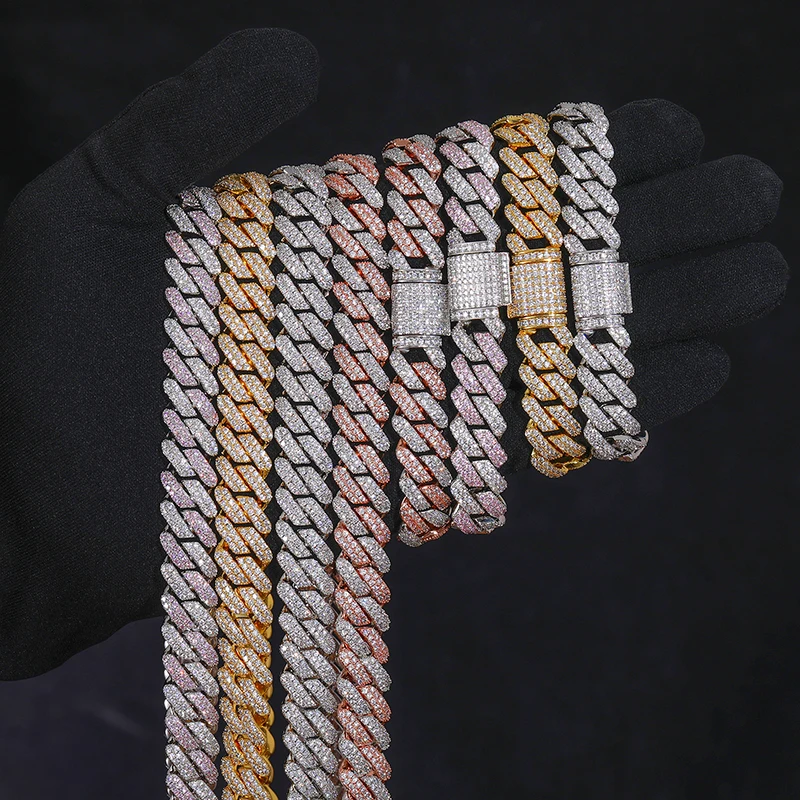 Hop Hip Jewelry 14mm 925 Sterling Silver VVS Moissanite Diamond Iced Out Miami Cuban Link Chain Bracelet Necklace.