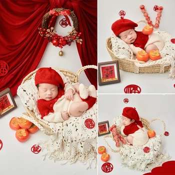 새해 테마 신생아 사진 소품, 아기 소녀 촬영 옷, 빨간 베레모 바디 슈트 양말 세트, 레이스 랩 화환 사진 액세서리