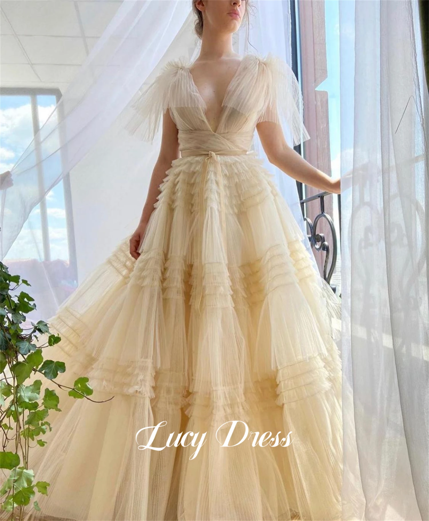 

Lorrtta Fluffy Wedding Party Layered Ball Gown White Mesh Formal Occasion Dresses Dress Women's Evening Elegant Pretty Guest New