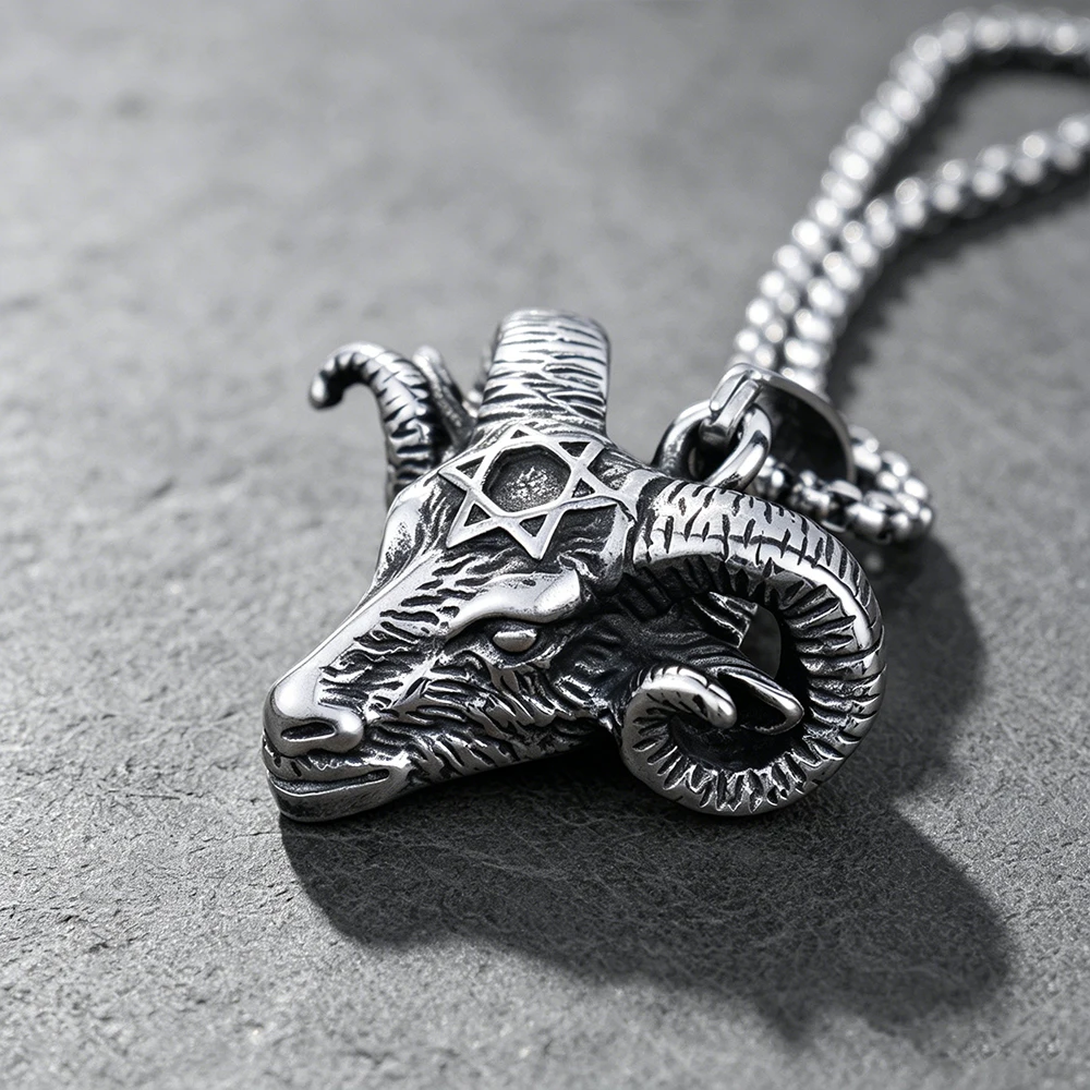 Pentagram Goat Head Pendant Necklace Unisex Vintage Gothic Biker Satanic Rock Demon Horns Talisman Stainless Steel Jewelry Gifts