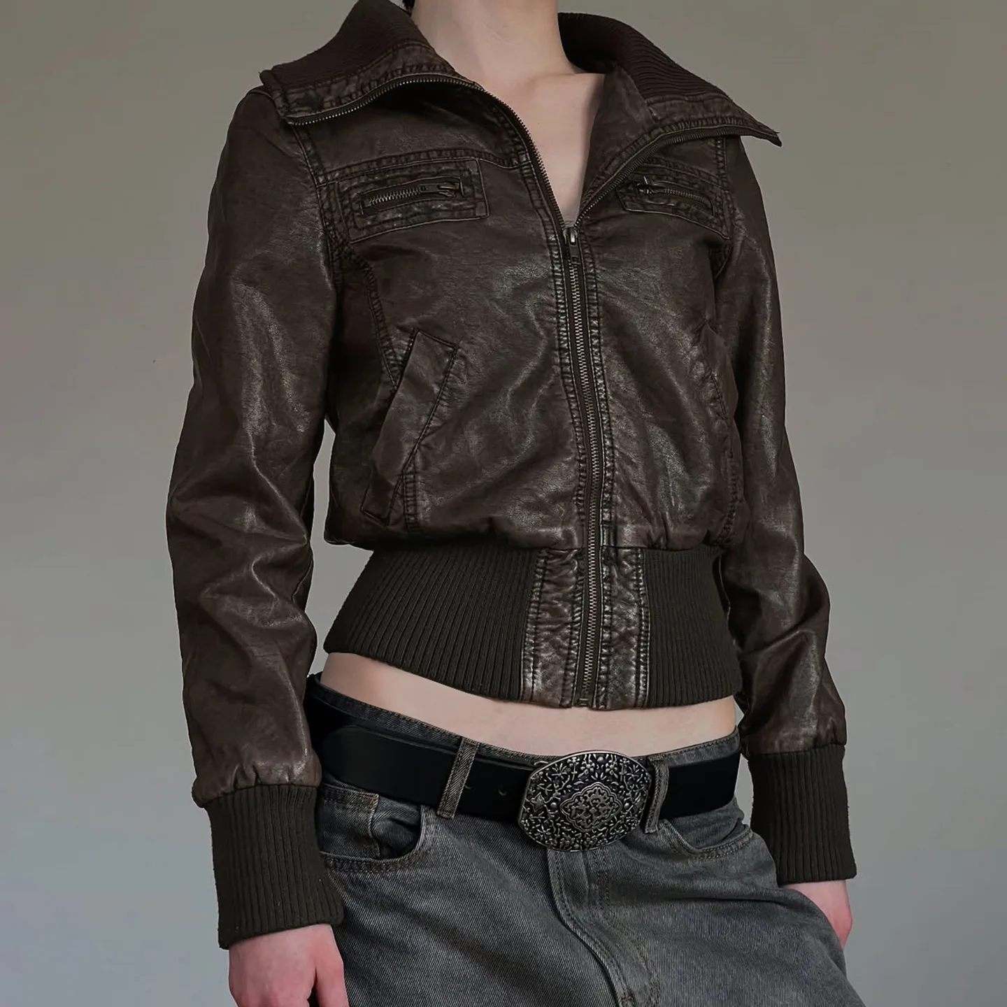 American Style Slim Fit Zipper Collar Pure Color Leather Patchwork Jacket Street Simple Workwear Style Hot Girl Coat For Women